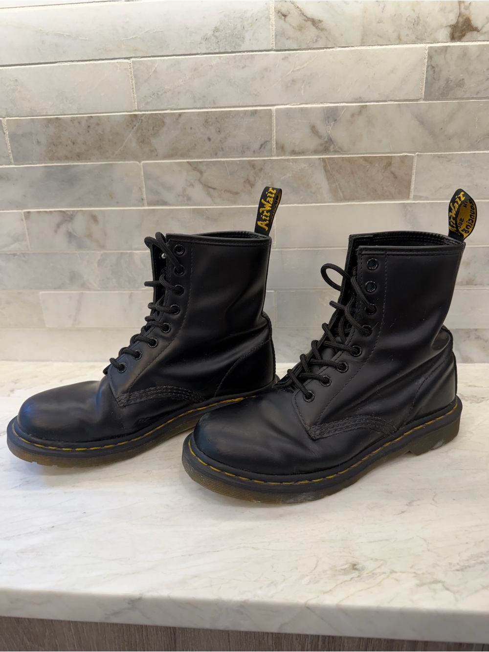 Dr. Martens Black Lace-Up Leather Combat Boots with Yellow Stitching - Picture 3 of 16